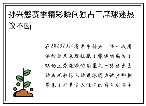 孙兴慜赛季精彩瞬间独占三席球迷热议不断
