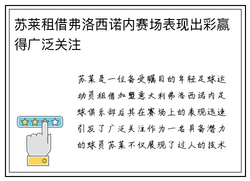 苏莱租借弗洛西诺内赛场表现出彩赢得广泛关注